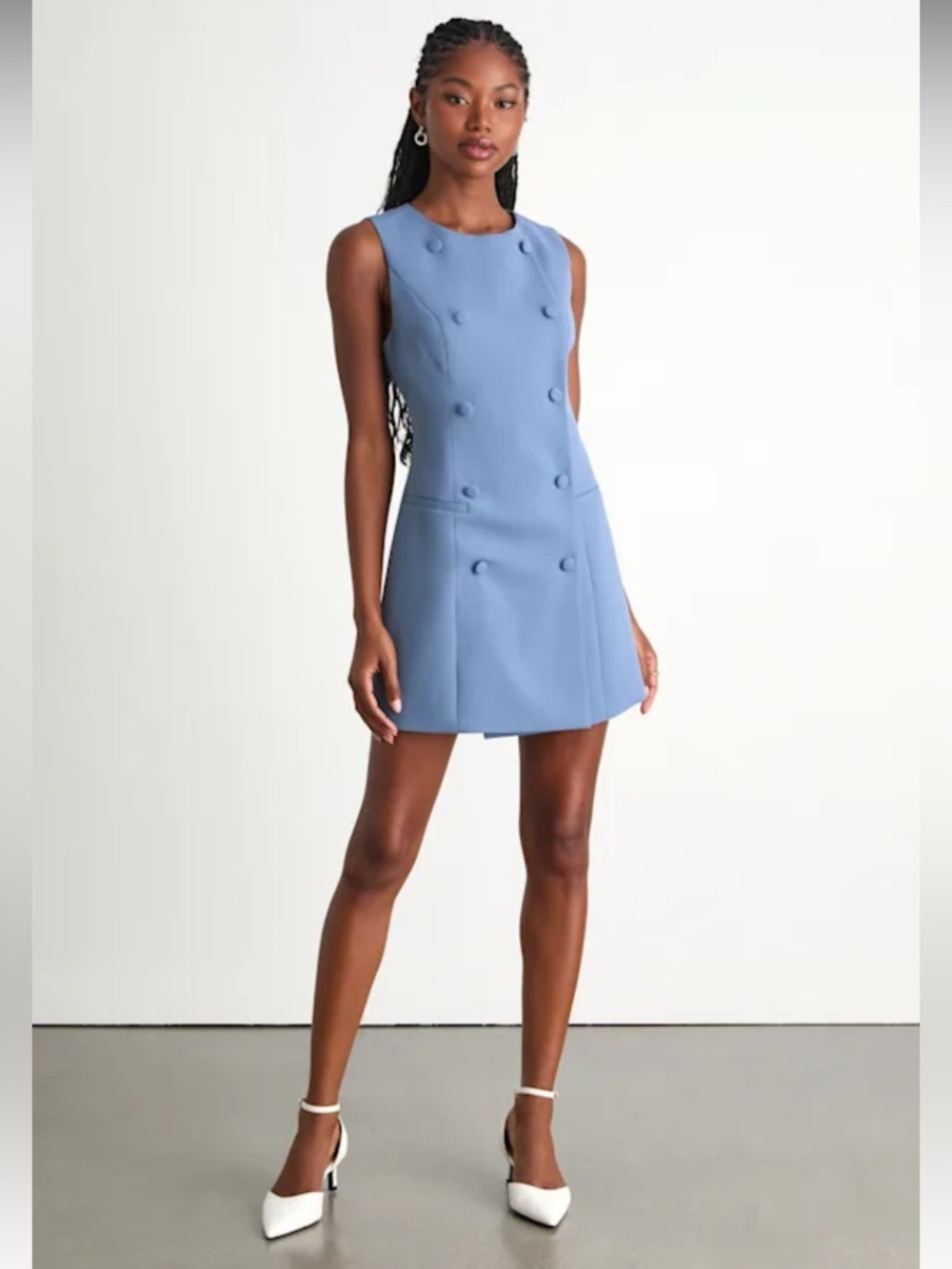 NWT - Lulus Adelie Dusty Blue Double Breasted Sleeveless Mini Dress Timeless